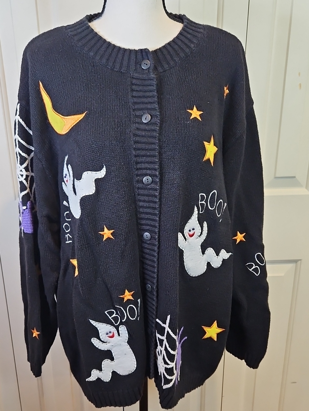 Quacker Factory Black Knit Halloween Ghost Star Spider Cardigan Holiday Sweater
